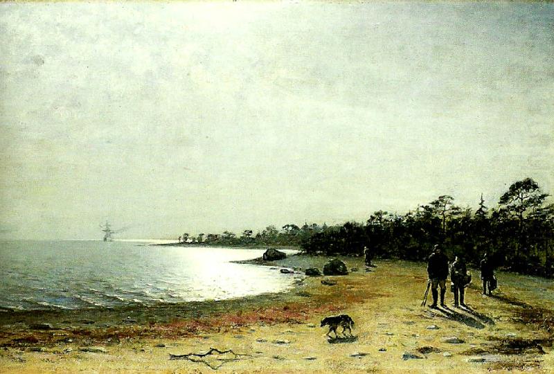 kustlandskap med figurer och hund pa sandstrand, Eugene Jansson